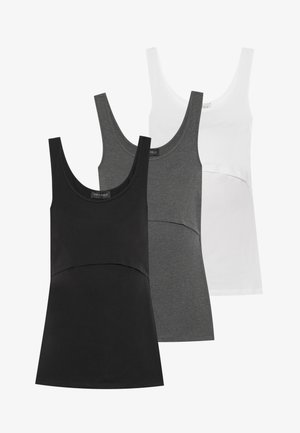 Três camisetas sem mangas nas cores preta, cinza e branca. Cada uma possui um decote arredondado, design sem mangas e material de algodão macio com uma cintura ajustada.