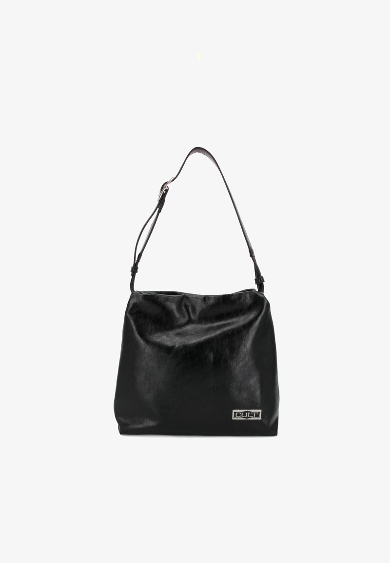 Borsa a tracolla nera in pelle con una texture morbida, tracolla singola e un accento con logo metallico nella parte anteriore. Design semplice.