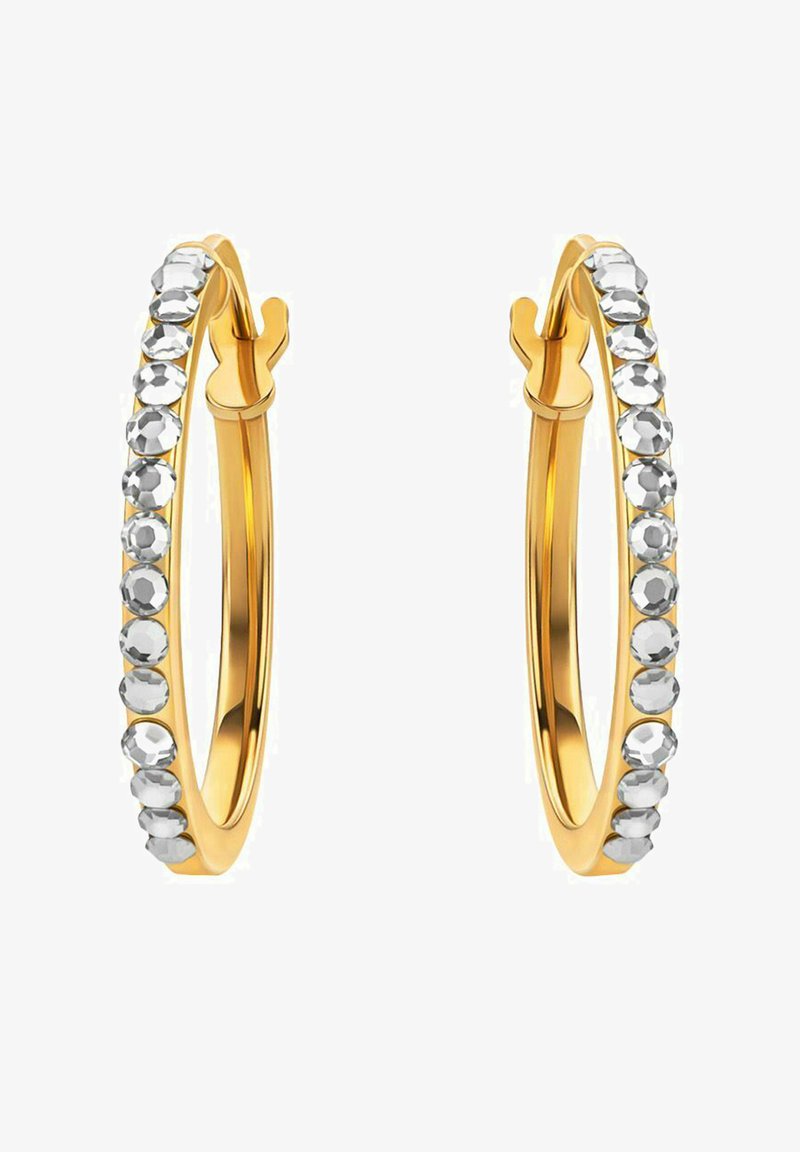 Guldörhängen med en rad klara kristaller längs ena sidan, släta rundade kanter och säker spänne.