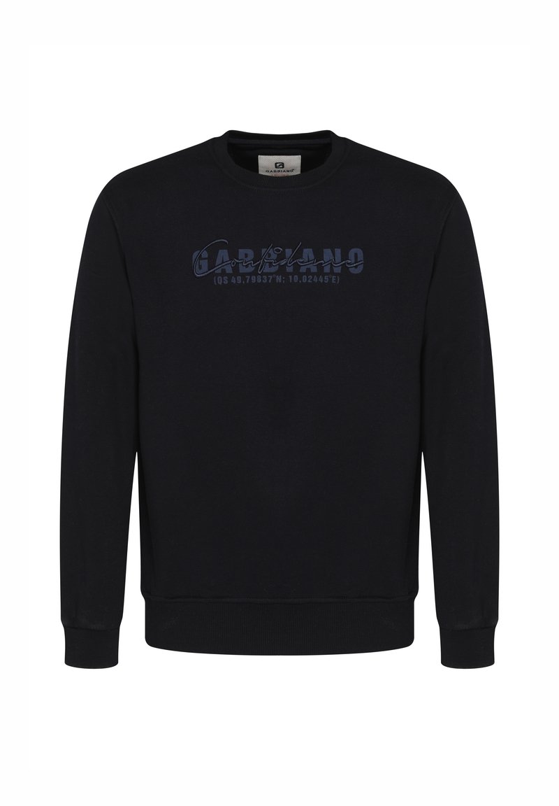 Sweat-shirt noir à manches longues avec poignets et ourlet côtelés, arborant le texte « Garbianco » et des coordonnées GPS imprimées en bleu foncé sur la poitrine.