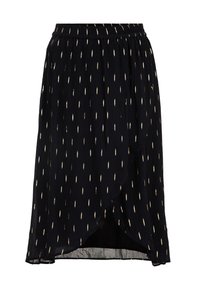 Musta hame, jossa on kietoutumisdesign, joustava vyötärö ja satunnaisesti jakautuneita kultaisia ja valkoisia pisaroita. Kevyt, teksturoitu kangas.