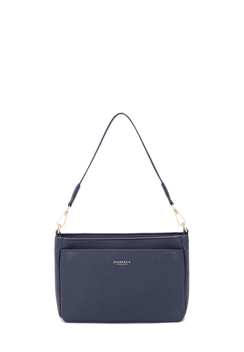 Borsa a spalla in pelle blu navy con finitura testurizzata, caratterizzata da una sola tracolla e un logo sul davanti. Dettagli in metallo color oro.