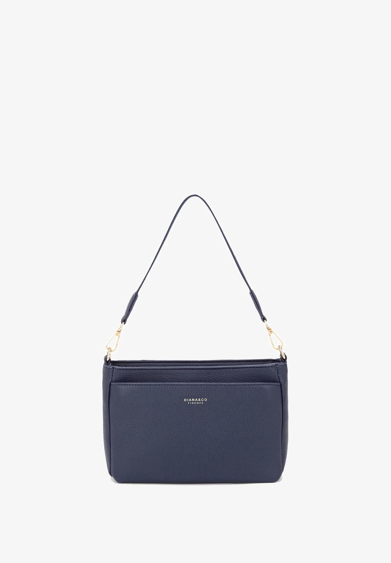 Borsa a spalla in pelle blu navy con finitura testurizzata, caratterizzata da una sola tracolla e un logo sul davanti. Dettagli in metallo color oro.