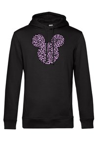 Felpa nera con cappuccio caratterizzata da una grande grafica di testa di Mickey Mouse in viola, decorata con un motivo zebra e leopardo. Il materiale è morbido e di testo.