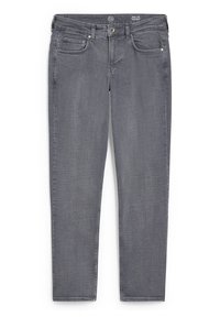 Vaqueros grises de pierna recta fabricados en denim, con cinco bolsillos, una textura sutil y detalles de costura a lo largo de la cinturilla y los dobladillos.