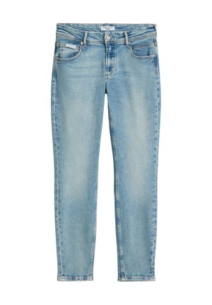 Jean skinny bleu clair délavé avec poches avant, passants pour ceinture, fermeture par bouton, et étiquette de la marque sur la ceinture et la poche.