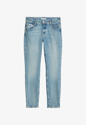 Lichtblauwe, verwassen skinny jeans met voorzakken, riemlussen, knoopsluiting en merkembleem op de tailleband en zak.
