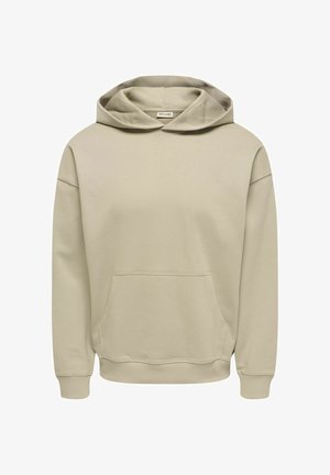 Bež kapucar s sprednjim žepom, dolgimi rokavi, rebrastimi zapestji in sproščenim krojem. Iz mehkega, teksturiranega bombažnega mešanega materiala.