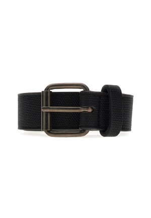 Ceinture tressée noire avec une texture. Équipée d'une boucle en métal avec une finition brossée en bronze et d'une boucle pour un ajustement sécurisé.