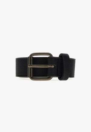 Černý tkaný pásek s texturovaným povrchem. Obsahuje kovovou sponu s kartáčovaným bronzovým povrchem a smyčku pro bezpečné nastavení.