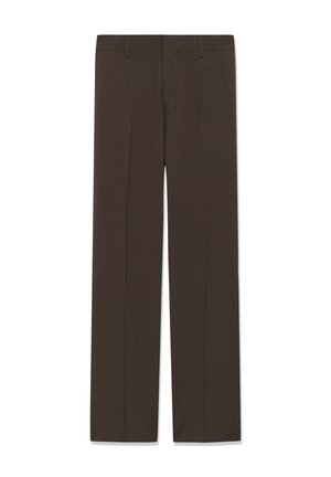 Pantalon droit marron foncé avec passants de ceinture et pli frontal, présenté à plat sur un fond blanc.