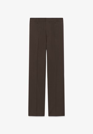 Pantalon droit marron foncé avec passants de ceinture et pli frontal, présenté à plat sur un fond blanc.