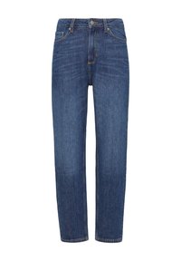 Donkerblauwe jeans van denim met een recht model, vijf zakken en contrasterende stiksels langs de naden en de rand van de zakken.