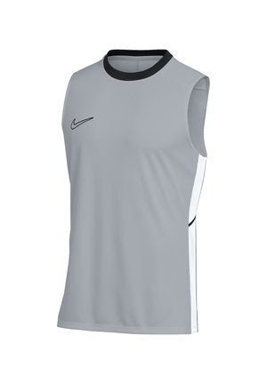 Grå sports t-shirt uden ærmer med sort krave og lille sort Nike logo på venstre bryst, med hvide sidelommer med sort kant.
