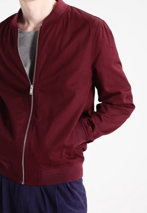 Osoba w bordowej kurtce na zamek błyskawiczny na szarej koszulce, z rękami w kieszeniach kurtki, wykadrowana na wysokości szyi i bioder.