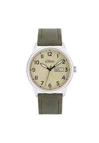 Zilveren horloge met een ronde kast, een beige gestructureerde wijzerplaat, zwarte Arabische cijfers en een dag-datumweergave. Groene leren band met stikseldetails.