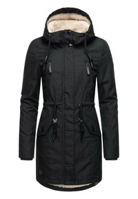 Zwarte parka met een met bont gevoerde capuchon, verstelbare trekkoord in de taille, ritszakken op de borst en knoopdetails. Glad materiaal met een gestructureerde binnenkant.