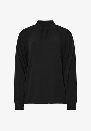 Czarna bluzka z długim rękawem, z wysokim dekoltem, z teksturowanej tkaniny, z plisowanymi detalami na ramionach i marszczonymi mankietami. Klasycznie zbudowany fason.