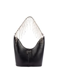 Borsa a tracolla in pelle nera con forma arrotondata, dotata di manico a catena con perline e dettagli del logo discreti sulla parte anteriore.