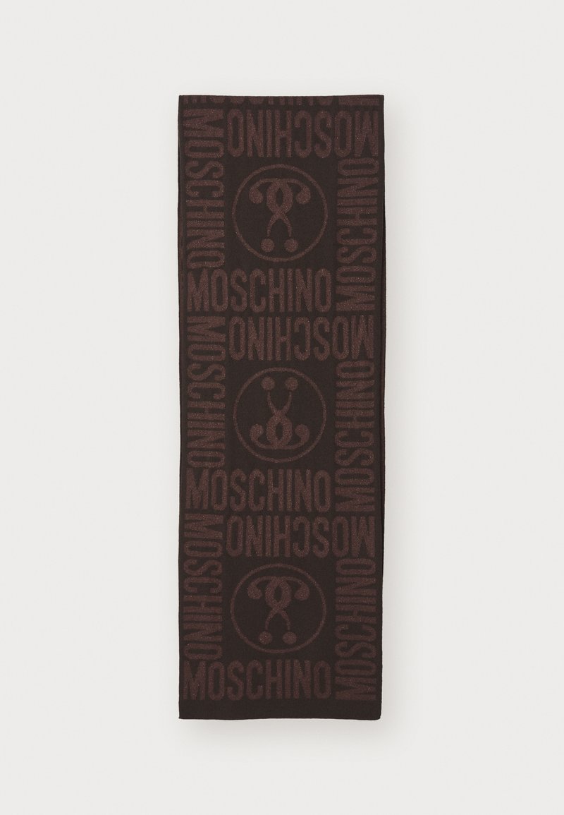 Donkerbruine sjaal met herhalende MOSCHINO-tekst en ronde smileyface-logo's in een iets lichtere bruine tint.