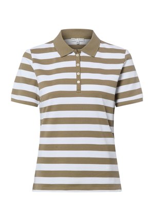 Koszulka polo z krótkim rękawem z szerokimi poziomymi beżowymi i białymi paskami oraz beżowym kołnierzykiem na guziki.