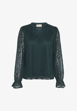 Ciemnozielona bluzka z misternymi geometrycznymi koronkami, długimi rękawami z rozszerzającymi się mankietami oraz dekoltem w kształcie litery V, co nadaje jej teksturowany wygląd.
