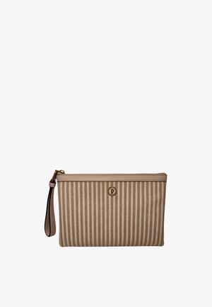 Pochette da polso a righe verticali beige e marroni con chiusura a zip e cinturino da polso sul lato sinistro.