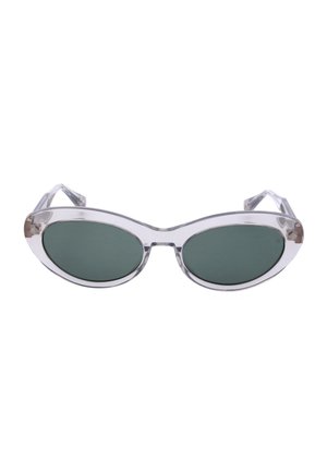 Occhiali da sole cat-eye trasparenti con lenti ovali verdi scure e montatura in plastica trasparente.