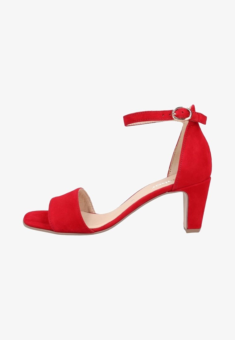 Punaiset mokkanahkaiset avokkaat, joissa on avonainen varvas, nilkkahihna, jossa on pyöreä solki, ja tukevan korotetun pohjan muotoilu. Pintamateriaali on sileä.