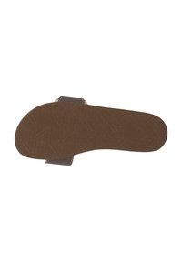 Brown rubber sole with a textured pattern. Features a wide strap with light-colored edging and a small buckle on the side.
