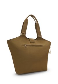 Olive green tote bag with a structured design, featuring dual fabric straps, a top flap closure, and a zippered pocket on the front.