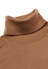Brauner, gestrickter Rollkragenpullover mit hohem Kragen, gerippten Akzenten und weicher Textur. Sichtbare Nahtdetails auf der Rückseite.