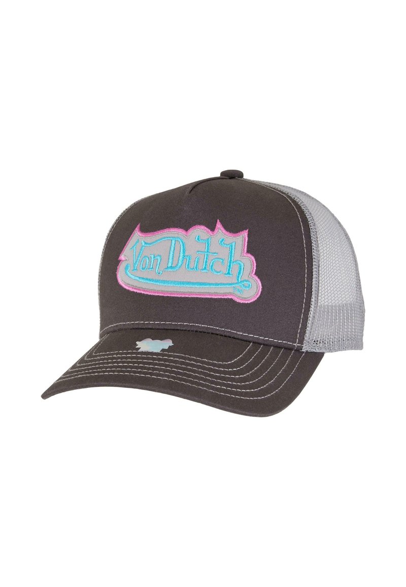 Grijze baseballpet met een mesh achterkant, met een geborduurd "Von Dutch" logo in roze en blauw, gestructureerde vorm en contrasterende stiksels.