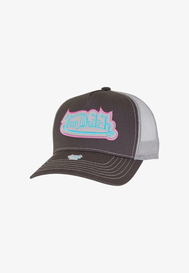 Grijze baseballpet met een mesh achterkant, met een geborduurd "Von Dutch" logo in roze en blauw, gestructureerde vorm en contrasterende stiksels.