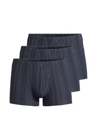 Donkerblauwe boxershorts met verticale witte en lichtblauwe strepen, met een aansluitende pasvorm en een eenvoudige elastische tailleband. Verpakking van drie.