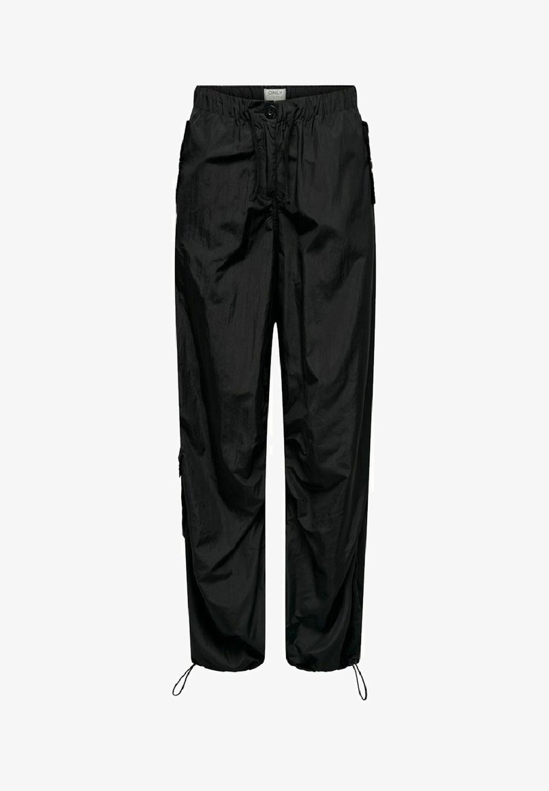 Zwarte, lichtgewicht, waterbestendige broek met een elastische tailleband, verstelbare trekkoorden en zij cargo zakken. Glad textuur.