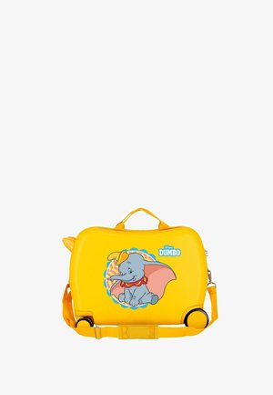 Maleta amarilla para niños con ruedas y correa, con un gráfico de Dumbo de Disney y un pequeño asa en la parte superior.