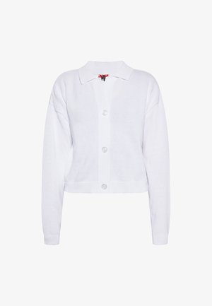 Bijela pletena kardigan jakna s ovratnikom, dugim rukavima i pet velikih gumba sprijeda. Kratki dizajn i mekana tekstura.
