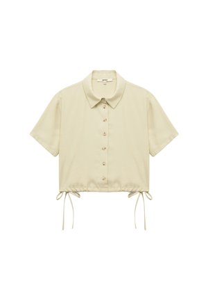 Beige, taillierte Hemdbluse mit spitzem Kragen, kurzen Ärmeln und verstellbaren Bindebändern am Saum. Weicher, glatter Stoff mit einem schlichten Design.