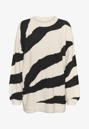 Black and white striped sweater made of soft, fluffy material. Features a round neckline and loose-fitting sleeves with a relaxed shape.