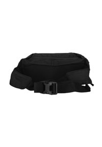 Black fabric waist bag with a textured mesh underside, adjustable strap, and plastic buckle. Minimalistic design with a top zip closure.