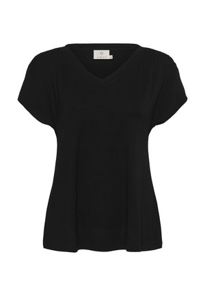 Černé tričko s výstřihem do V a krátkými rukávy, měkká tkanina, volný střih, jemný splývavý efekt, bez vzorů nebo ozdob, visačka na límci.