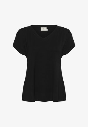 Črna majica s kratkimi rokavi v obliki V, mehka tkanina, sproščen kroj, subtilno padajoča, brez vzorcev ali okraskov, oznaka na ovratniku.