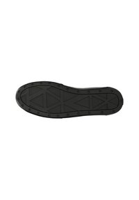 Semelle de chaussure noire avec une surface en caoutchouc texturé présentant des motifs d'étoiles et de triangles pour une meilleure adhérence. Design plat sans talon visible.