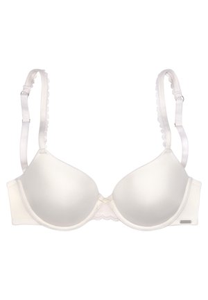 Reggiseno bianco con coppe lisce e sagomate e pizzo al centro. Spalline regolabili con bordi a scallop e un piccolo dettaglio decorativo di lato.