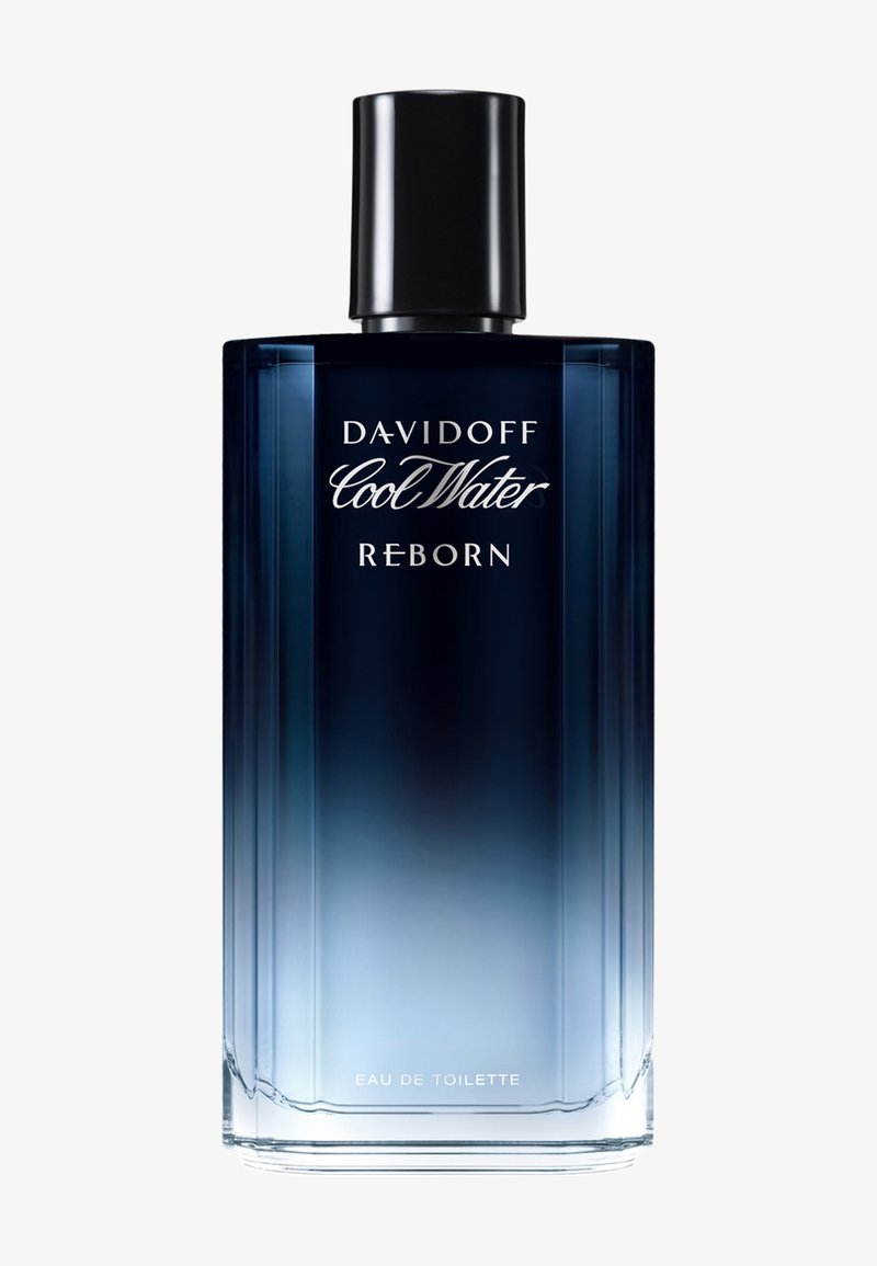 Bottiglia di profumo rettangolare con gradiente dal blu scuro al blu chiaro e tappo nero, etichettata "Davidoff Cool Water Reborn Eau de Toilette".