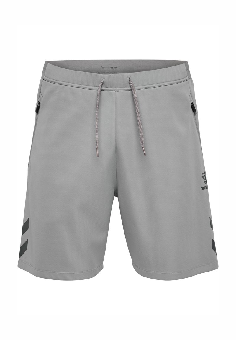 Grijze sportieve shorts, lichte stof, elastische tailleband met trekkoord, twee zijzakken, zwarte diagonale strepen aan de zijkanten, logo op de voorkant.