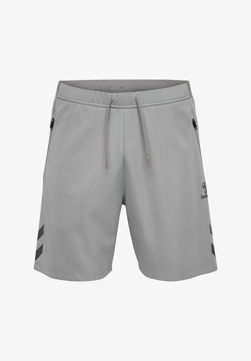 Grijze sportieve shorts, lichte stof, elastische tailleband met trekkoord, twee zijzakken, zwarte diagonale strepen aan de zijkanten, logo op de voorkant.