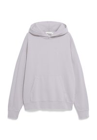 Sweat à capuche gris clair avec une grande poche avant, des poignets côtelés et un logo discret brodé sur la poitrine. Fabriqué en tissu doux et texturé.