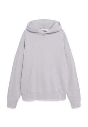 Hellgrauer Hoodie mit großer Fronttasche, gerippten Bündchen und einem dezenten Logo, das auf der Brust gestickt ist. Hergestellt aus weichem, strukturiertem Stoff.